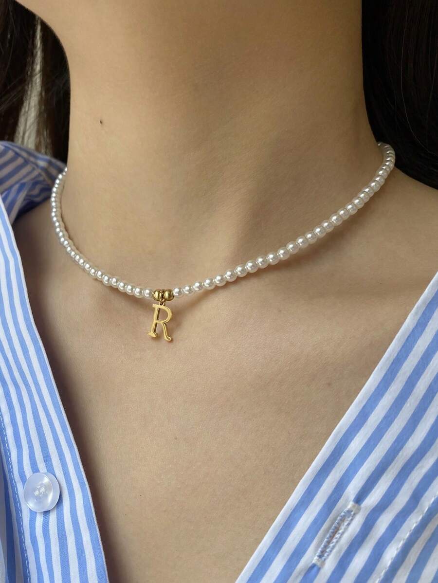 Personalized Engraved Initials Pearl Necklace