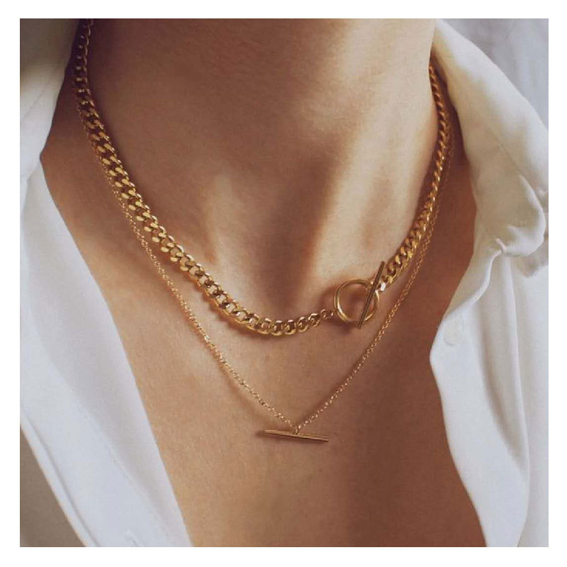 Elegant Double Chain Set Cuban Bracelet & Pearl Necklace