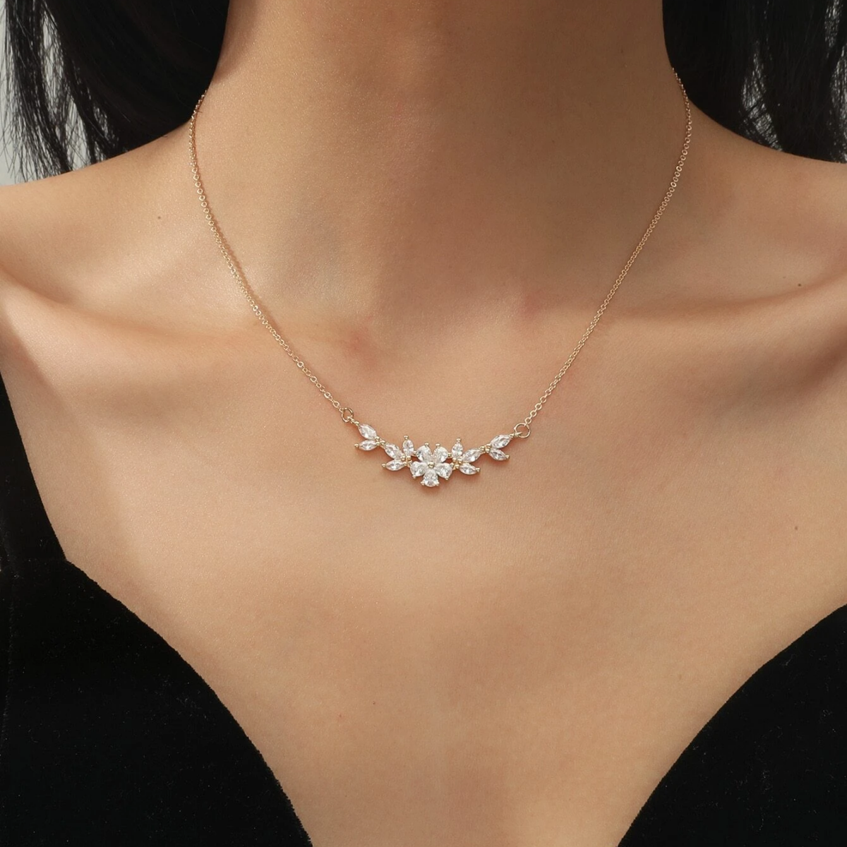 Sparkling Zirconia Petal Flower Charm Necklace