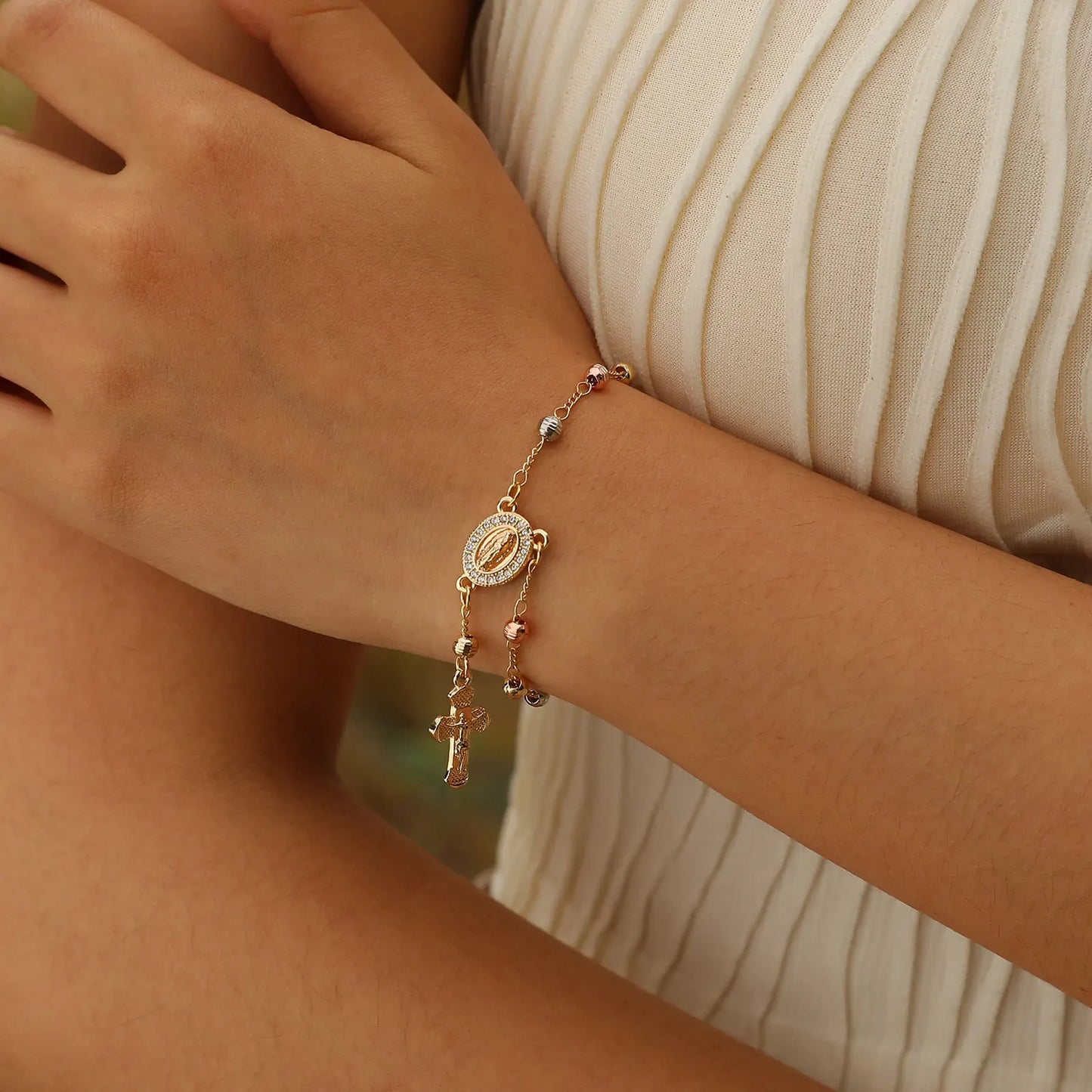 Rosary Bead Cross Bracelet