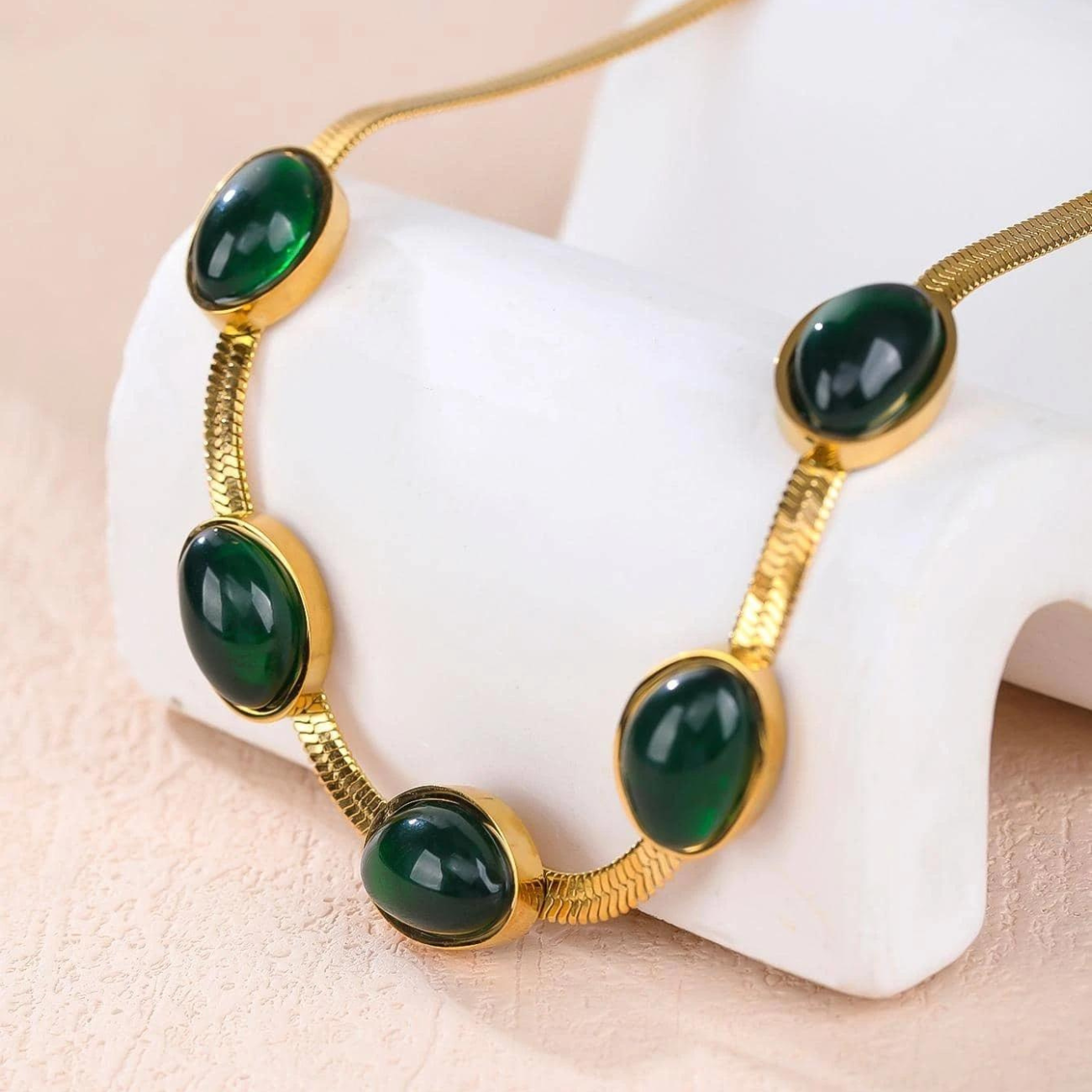 Vintage Jade Stone Set With Inlay: Necklace And Bracelet