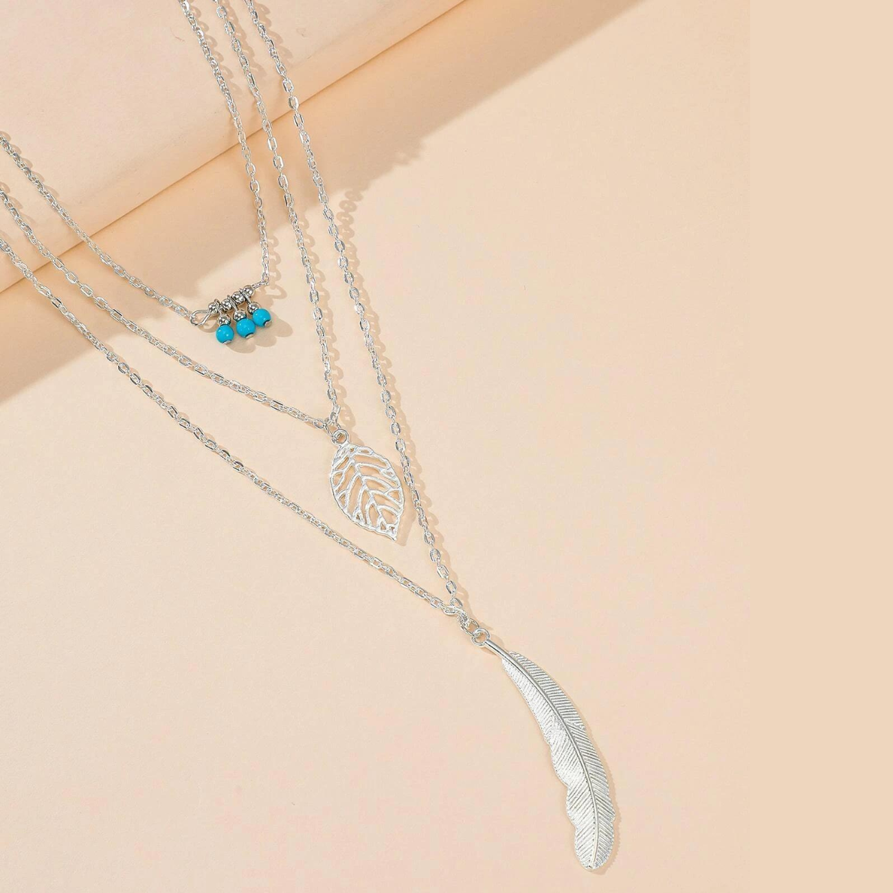 Stylish Leaf & Feather Pendant 3-Layer Necklace