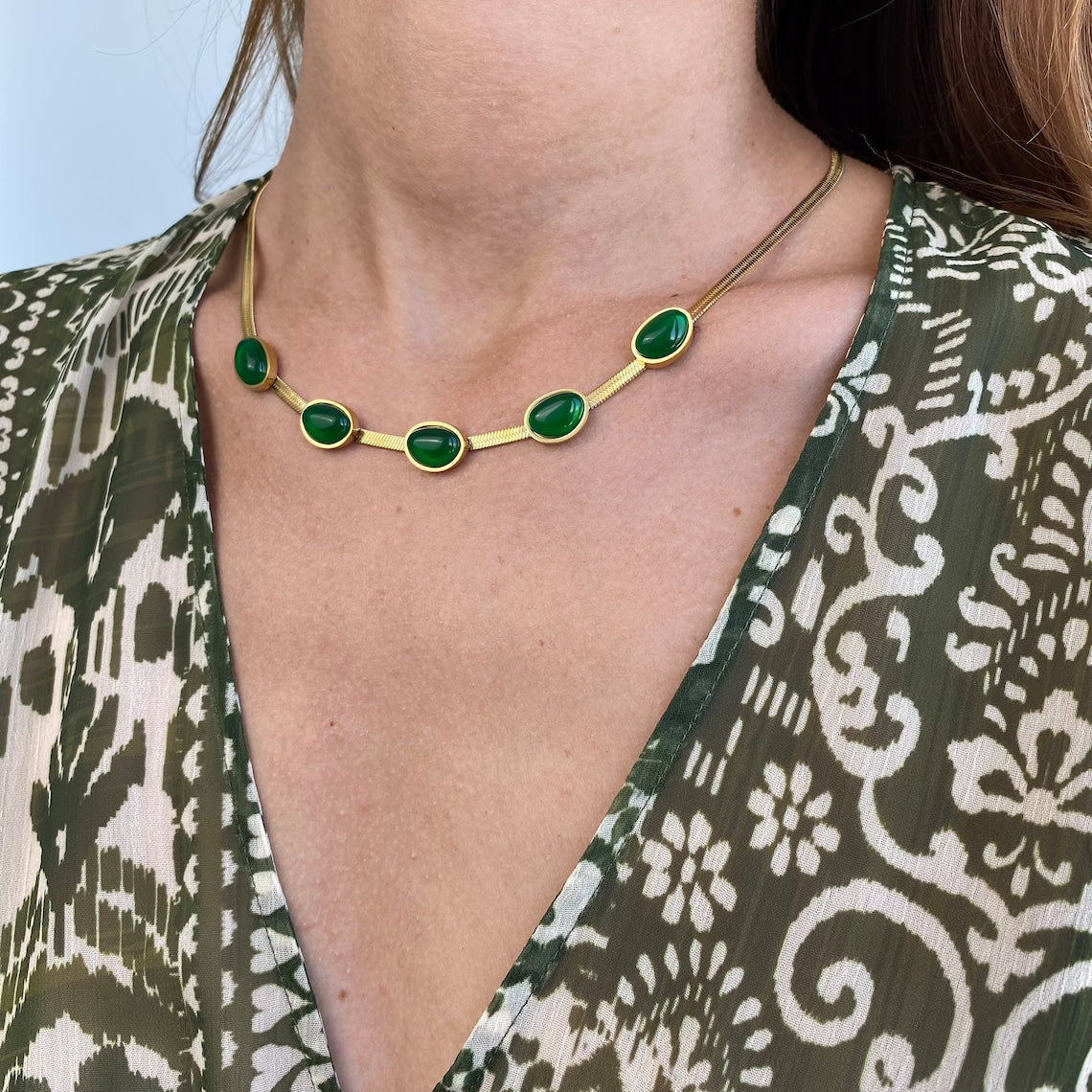 Vintage Jade Stone Set With Inlay: Necklace And Bracelet