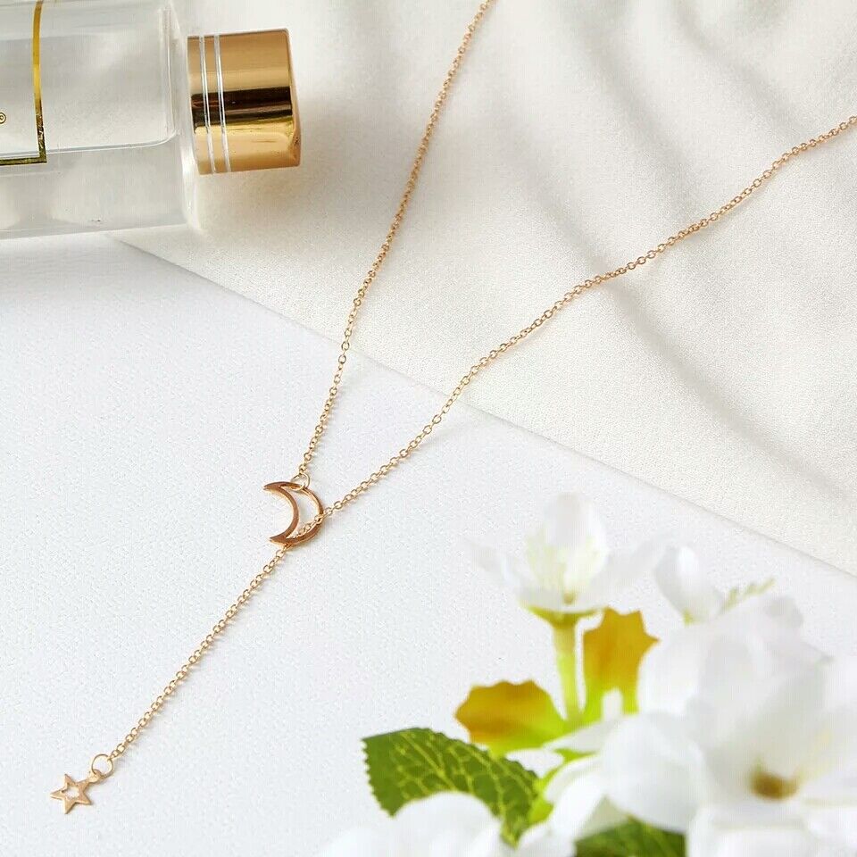 Elegant Celestial Moon And Star Delicate Lariat Necklace
