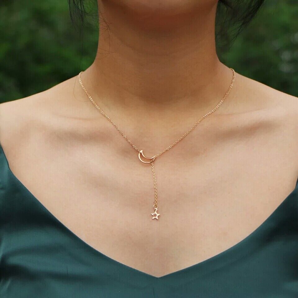 Elegant Celestial Moon And Star Delicate Lariat Necklace