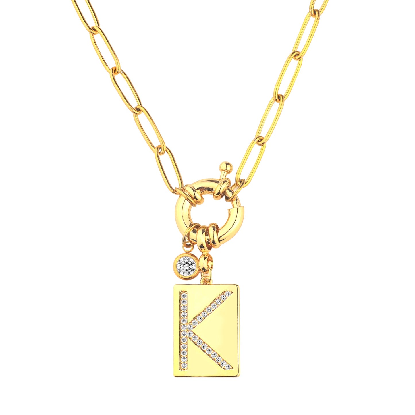 Personalized Paved Initial Pendant Necklace With Paperclip Chain
