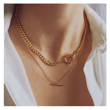 Elegant Double Chain Set Cuban Bracelet & Pearl Necklace