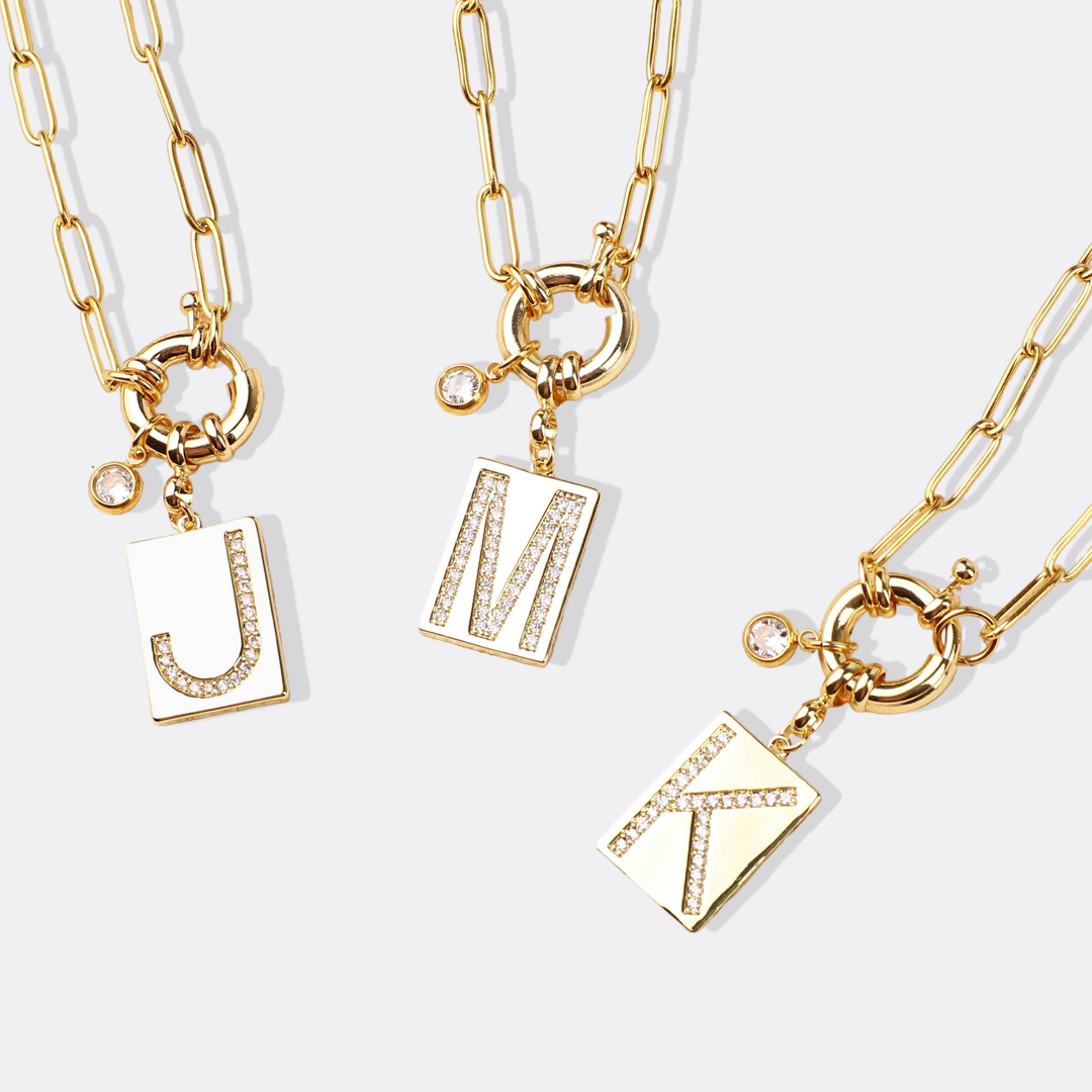 Personalized Paved Initial Pendant Necklace With Paperclip Chain