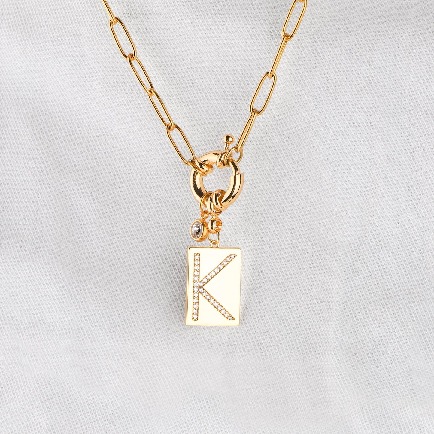 Personalized Paved Initial Pendant Necklace With Paperclip Chain
