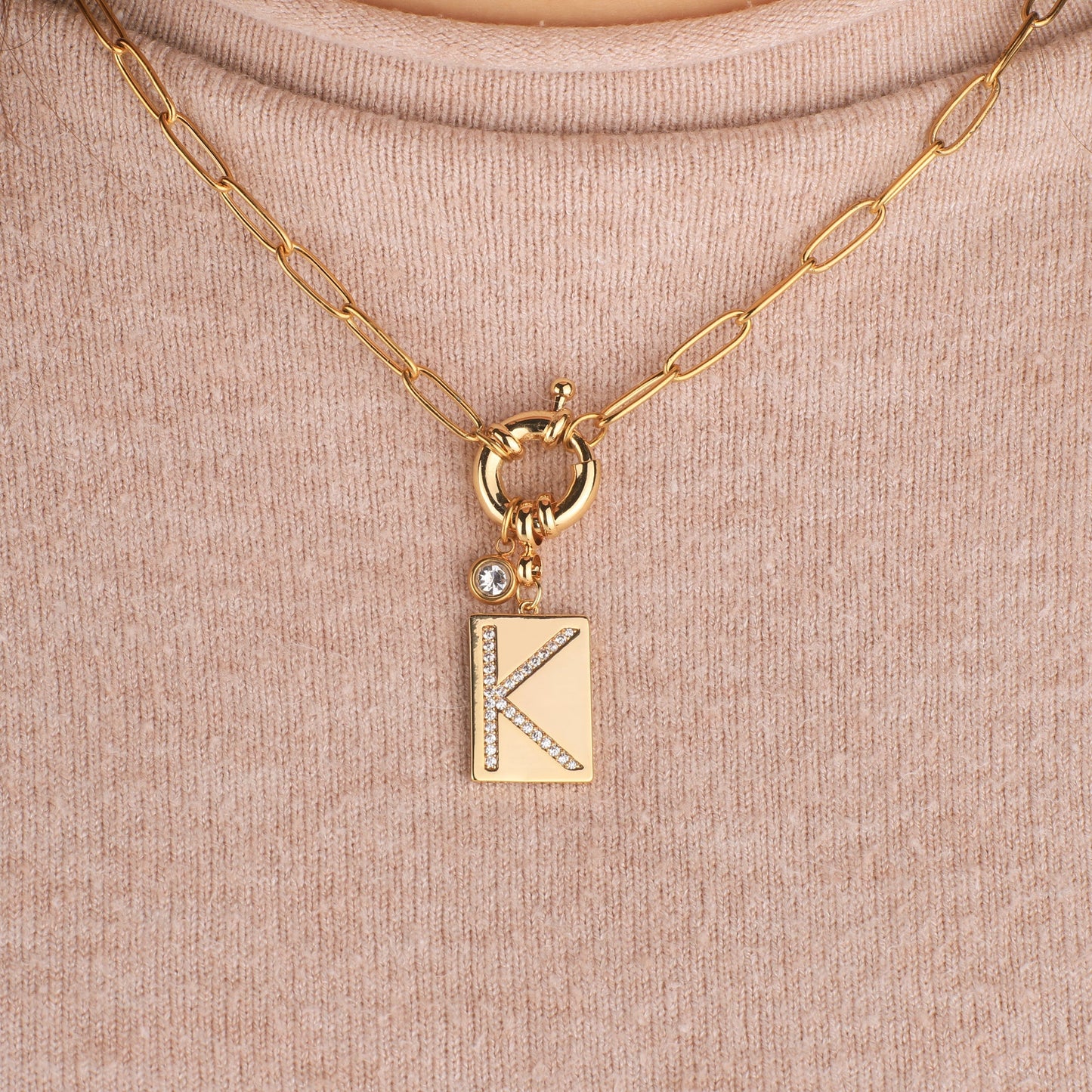 Personalized Paved Initial Pendant Necklace With Paperclip Chain