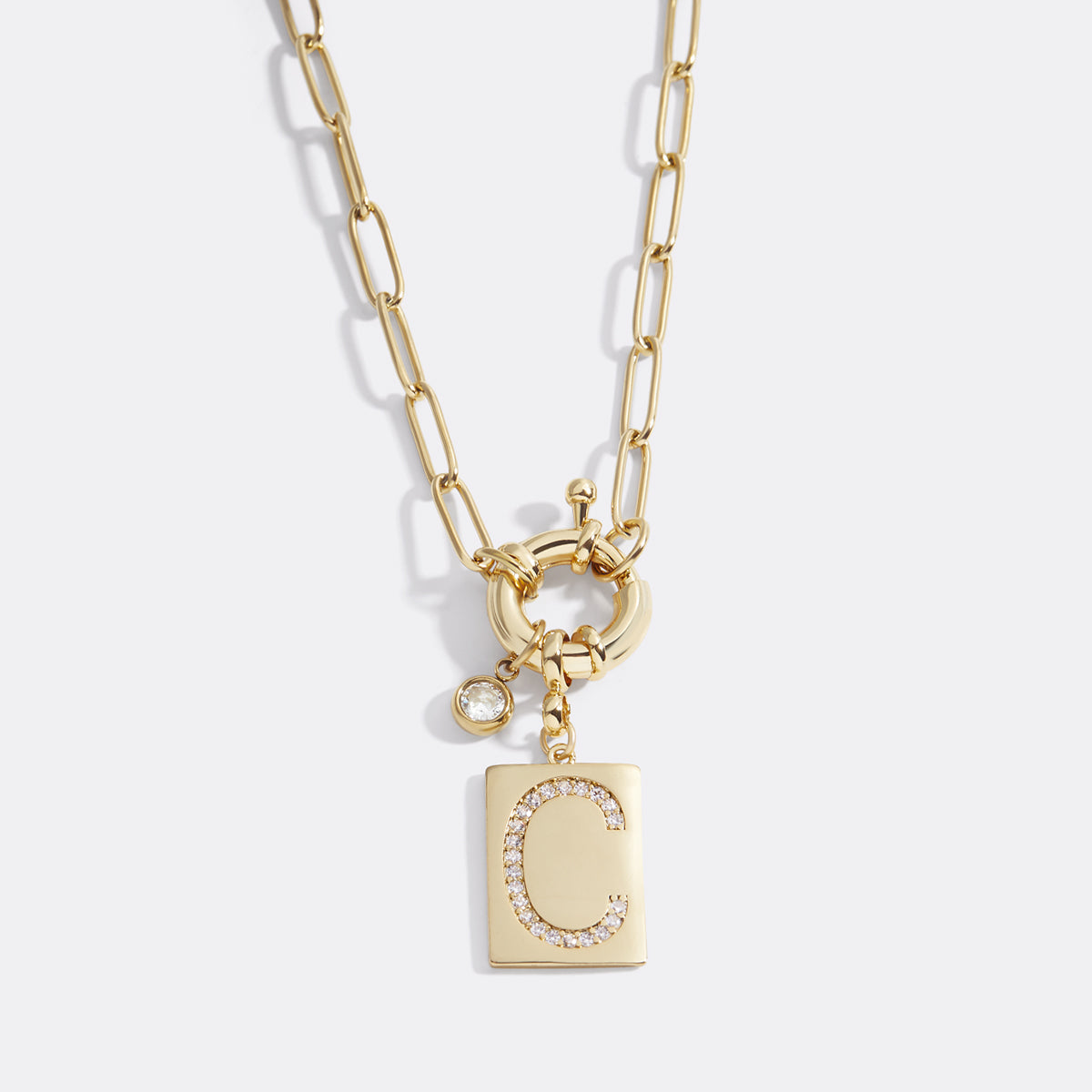 Personalized Paved Initial Pendant Necklace With Paperclip Chain