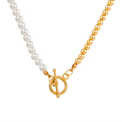 Elegant Double Chain Set Cuban Bracelet & Pearl Necklace