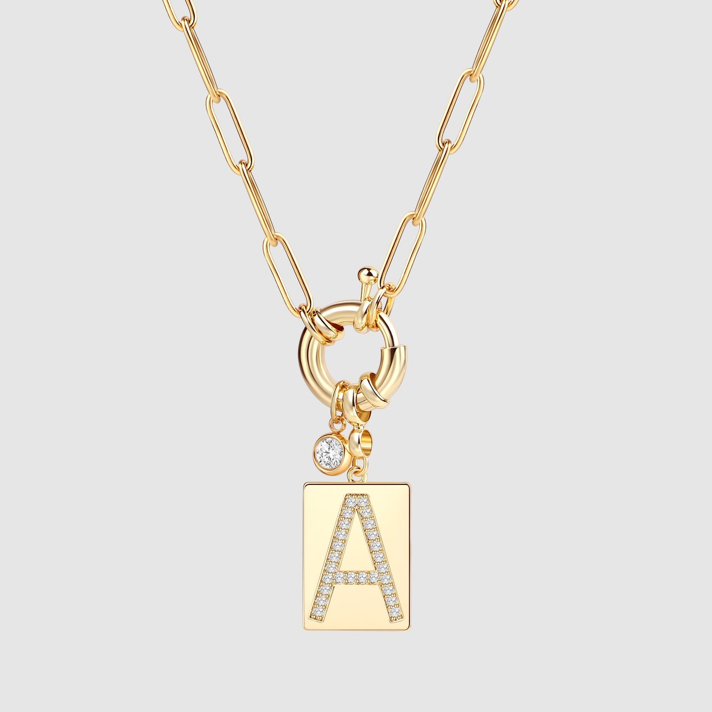 Personalized Paved Initial Pendant Necklace With Paperclip Chain