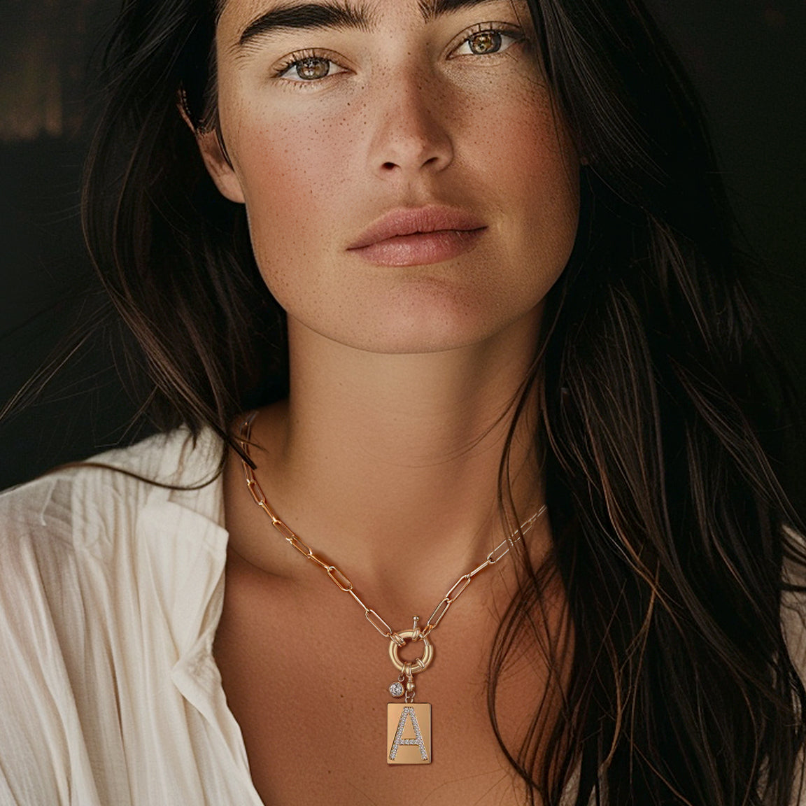 Personalized Paved Initial Pendant Necklace With Paperclip Chain