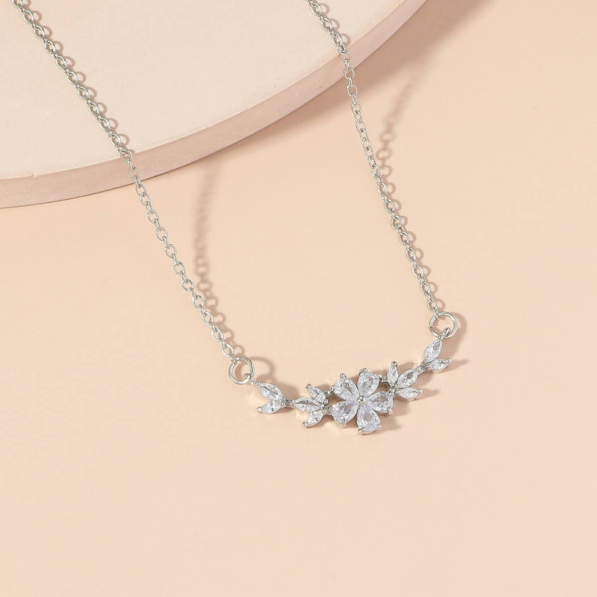 Sparkling Zirconia Petal Flower Charm Necklace