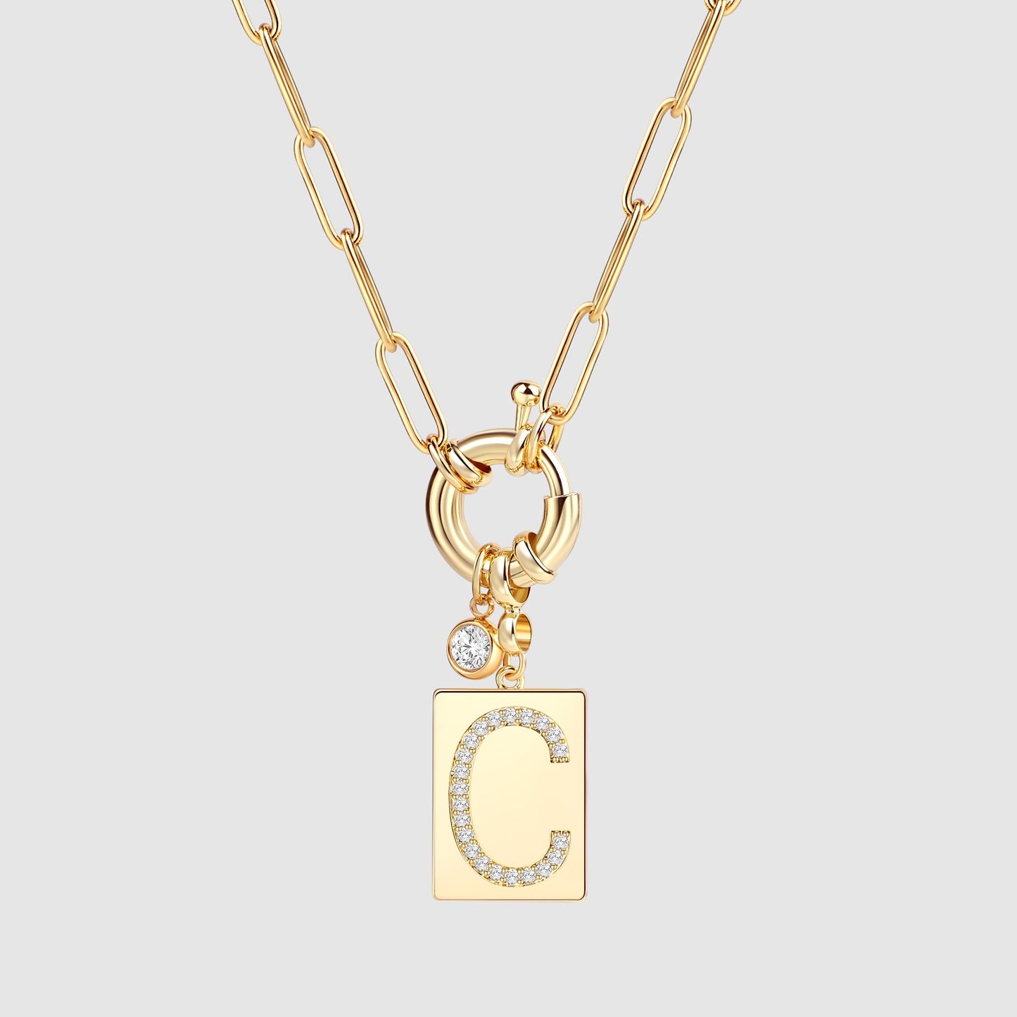 Personalized Paved Initial Pendant Necklace With Paperclip Chain