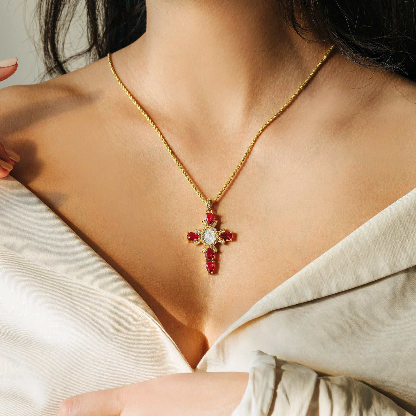Red Zircon Jewel Cross Necklace