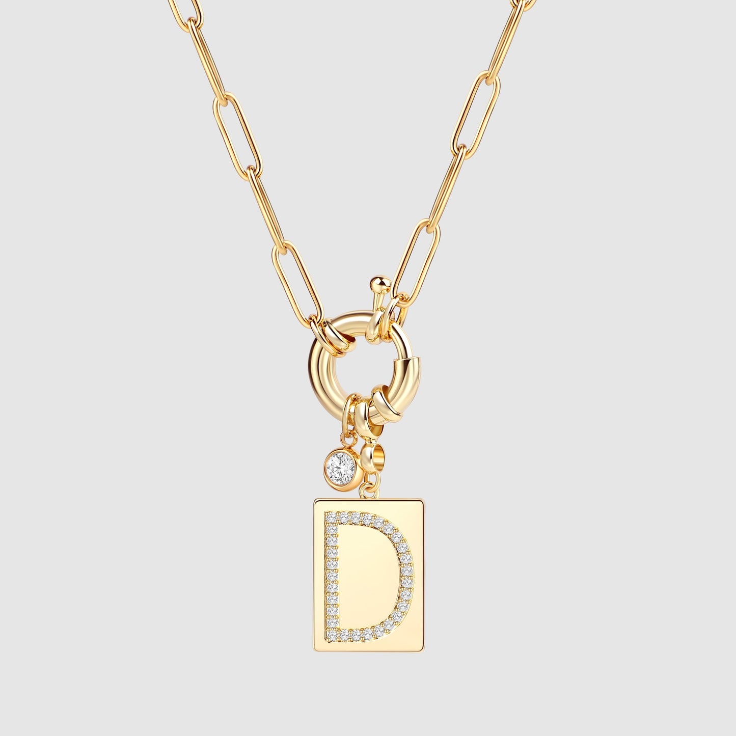 Personalized Paved Initial Pendant Necklace With Paperclip Chain