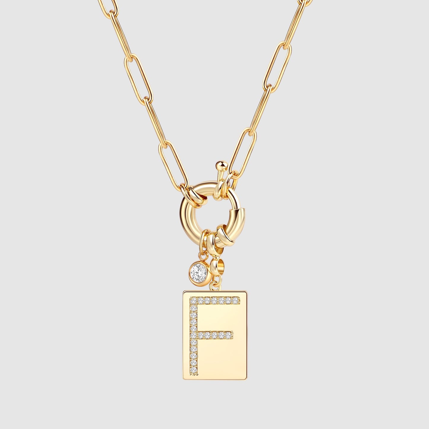 Personalized Paved Initial Pendant Necklace With Paperclip Chain