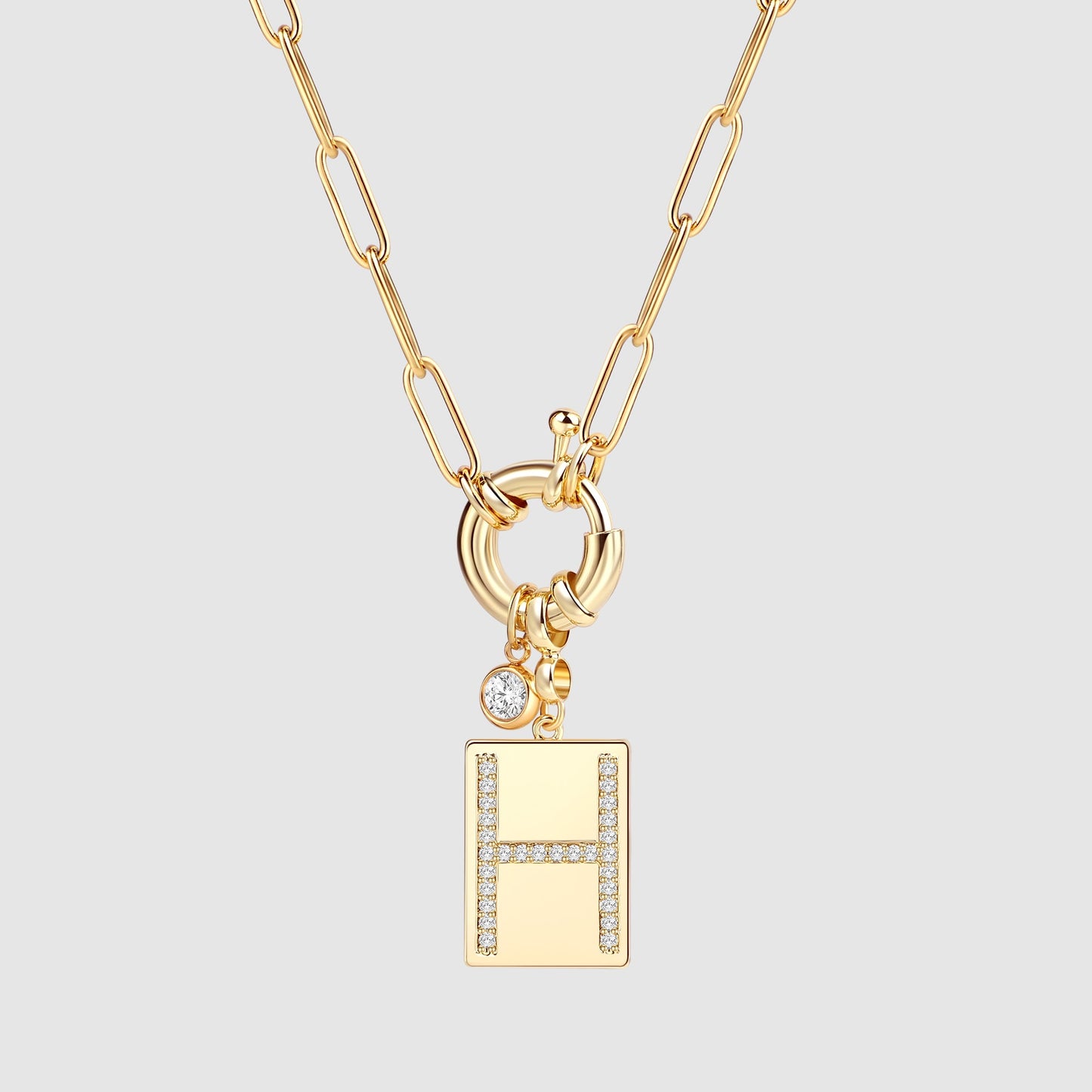 Personalized Paved Initial Pendant Necklace With Paperclip Chain