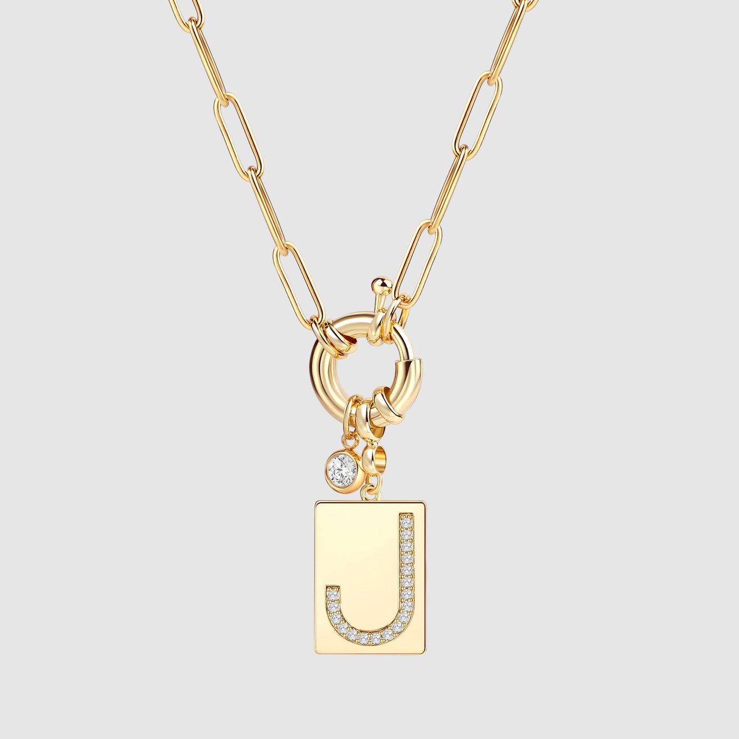 Personalized Paved Initial Pendant Necklace With Paperclip Chain