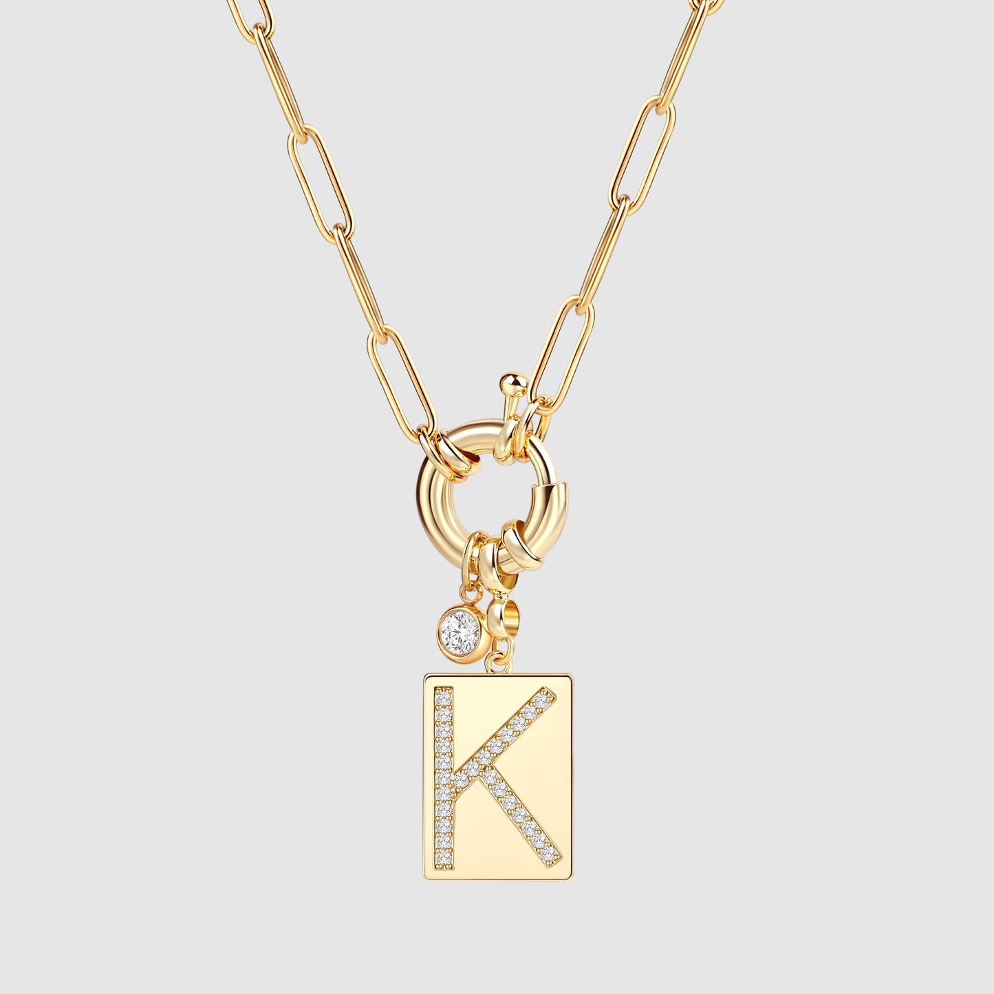 Personalized Paved Initial Pendant Necklace With Paperclip Chain