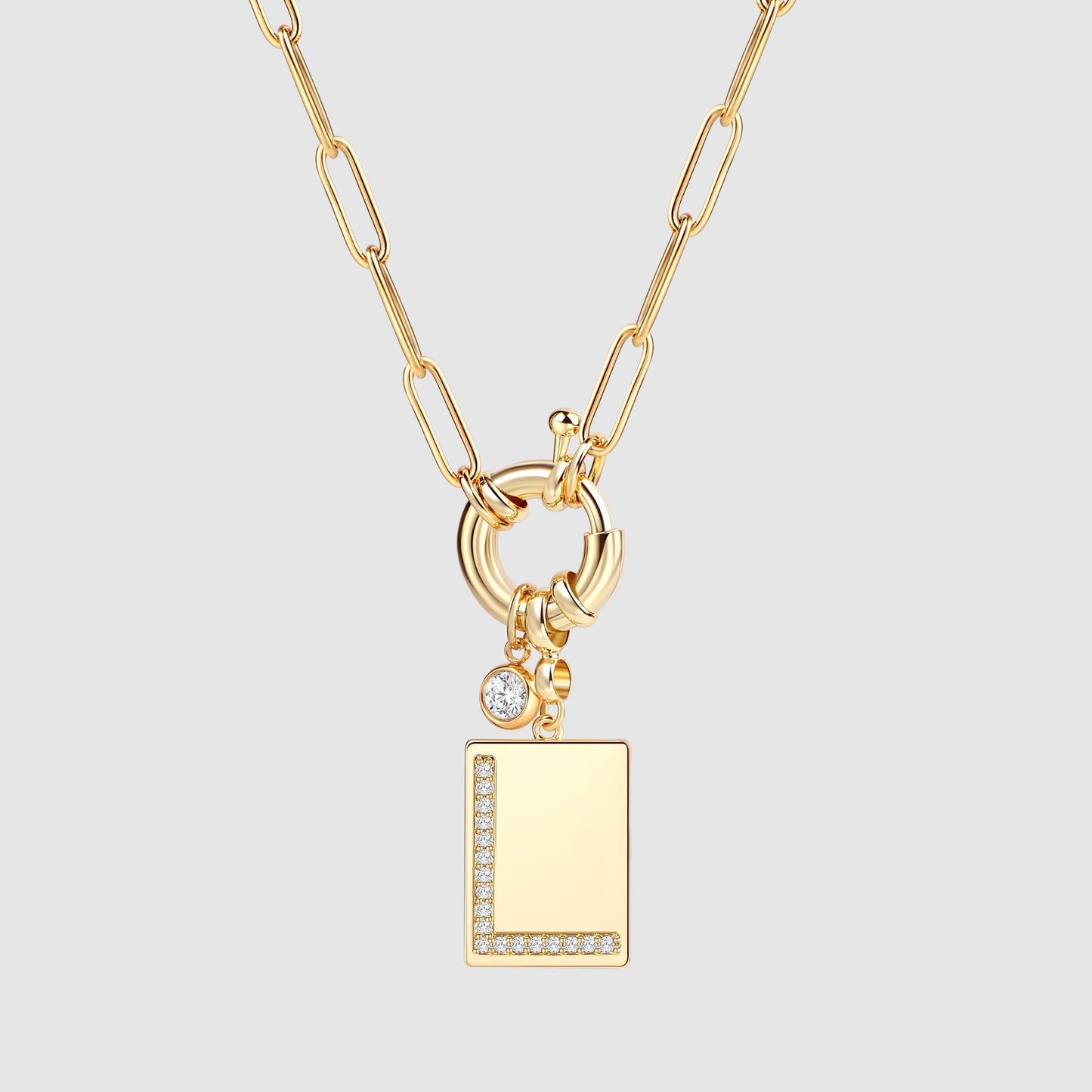 Personalized Paved Initial Pendant Necklace With Paperclip Chain