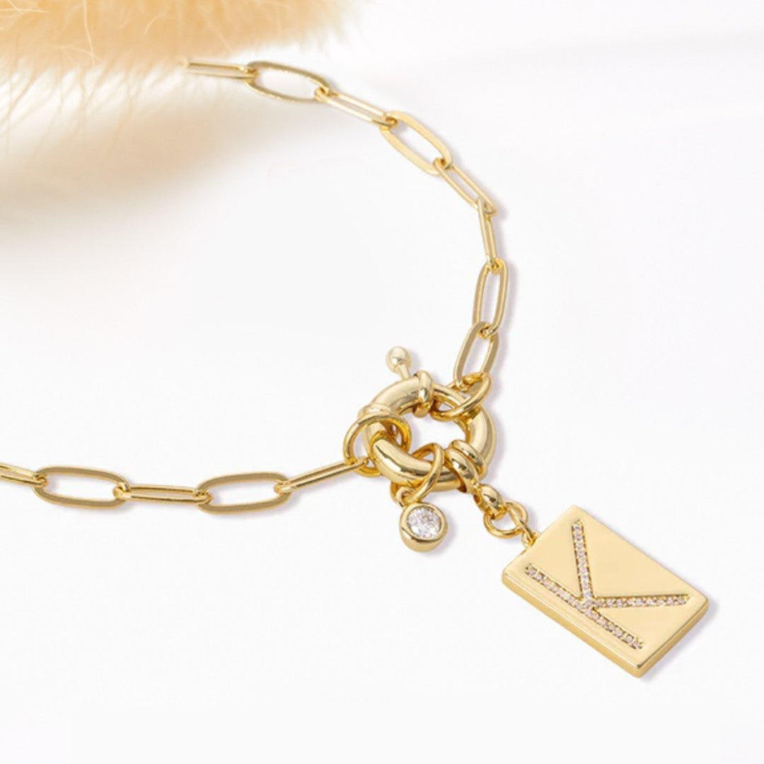 Personalized Paved Initial Pendant Necklace With Paperclip Chain