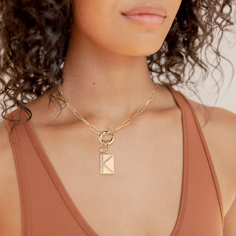 Personalized Paved Initial Pendant Necklace With Paperclip Chain