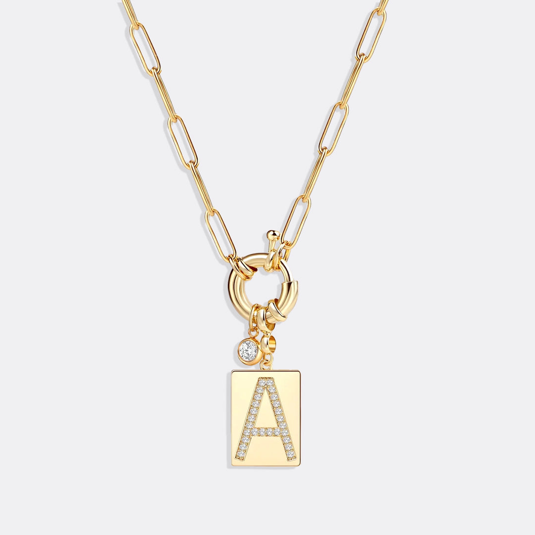 Personalized Paved Initial Pendant Necklace With Paperclip Chain