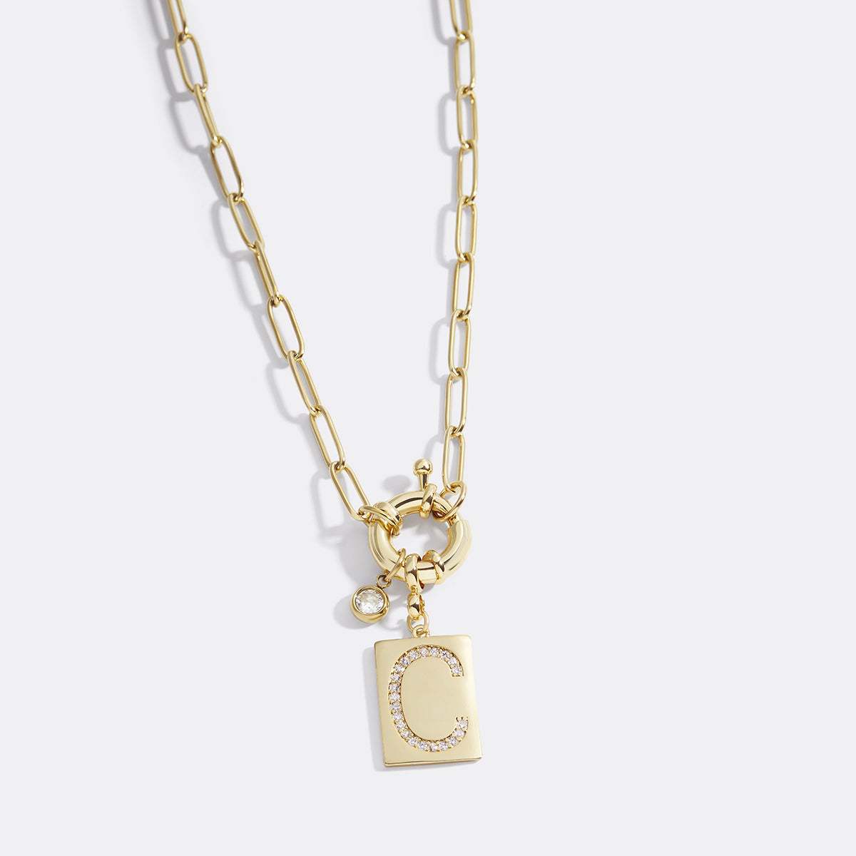 Personalized Paved Initial Pendant Necklace With Paperclip Chain