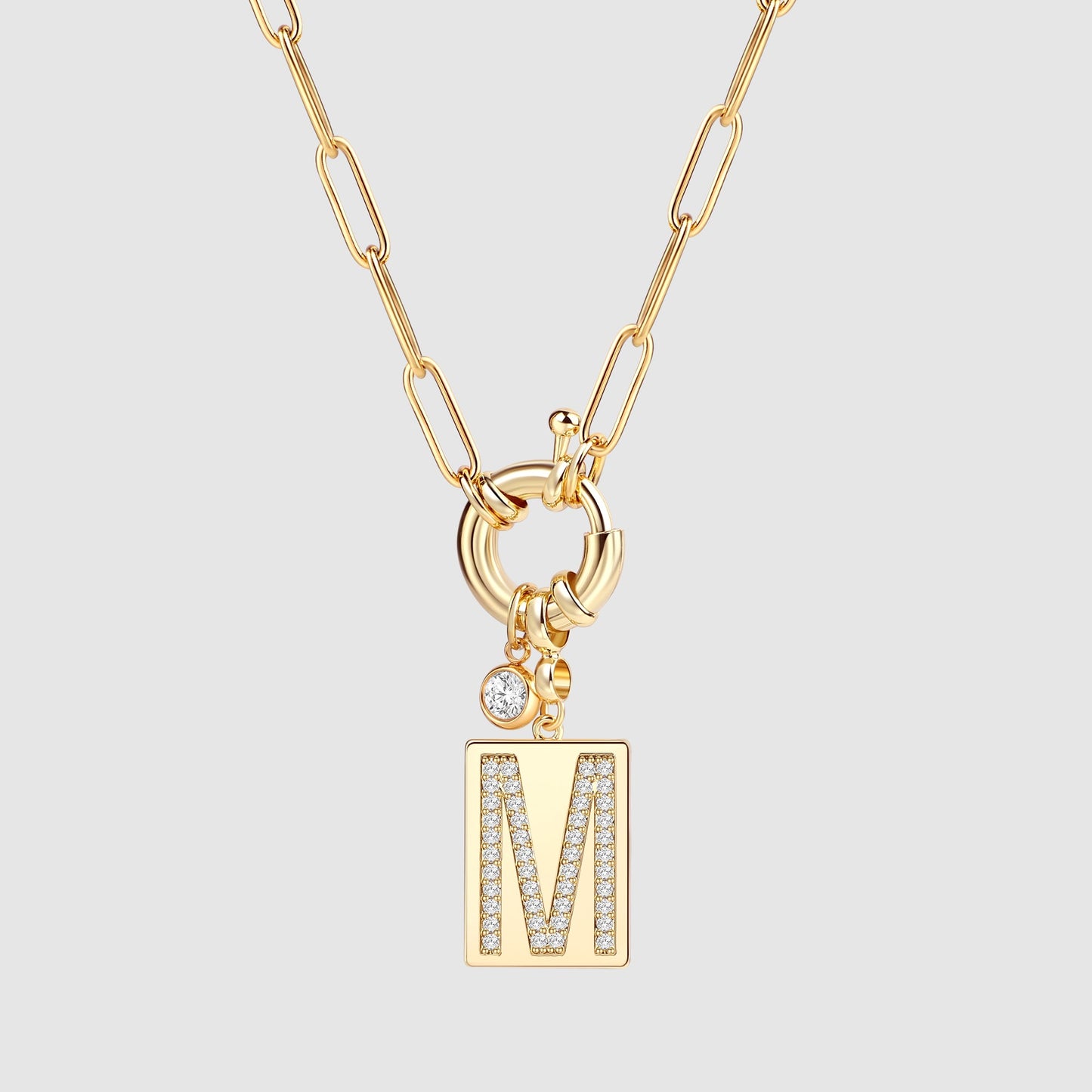 Personalized Paved Initial Pendant Necklace With Paperclip Chain
