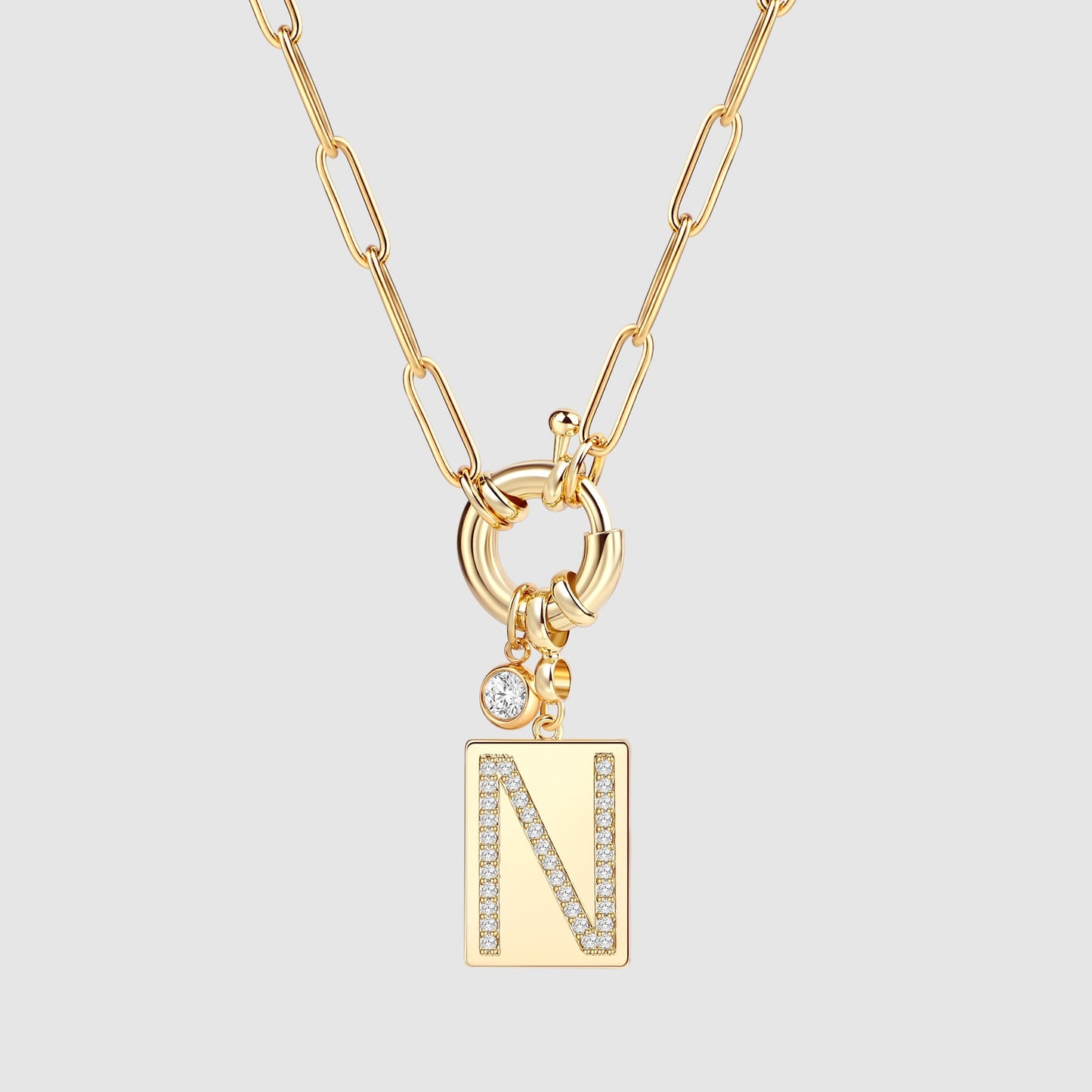 Personalized Paved Initial Pendant Necklace With Paperclip Chain