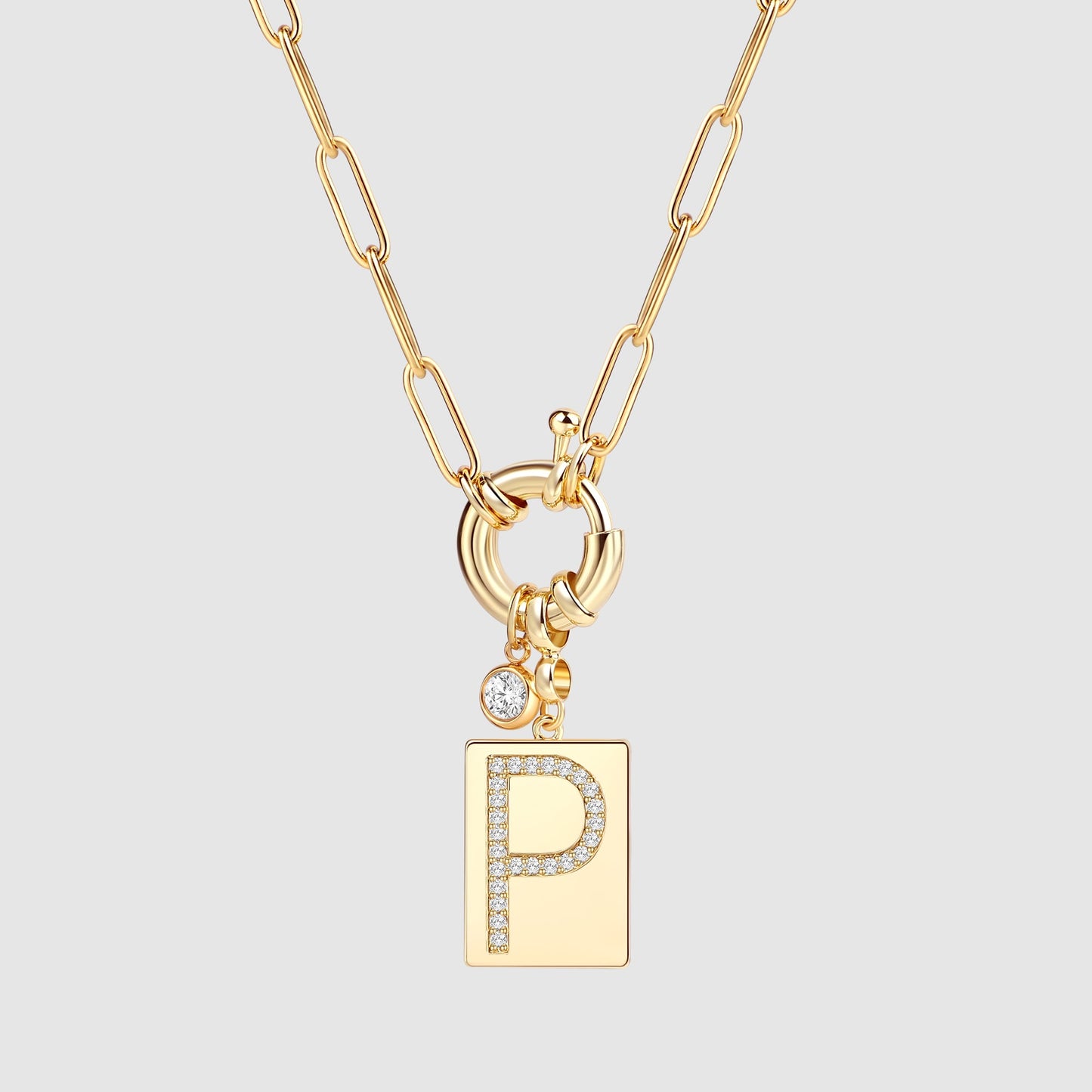 Personalized Paved Initial Pendant Necklace With Paperclip Chain