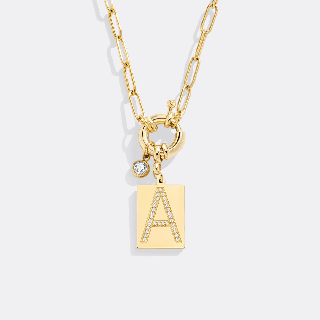Personalized Paved Initial Pendant Necklace With Paperclip Chain
