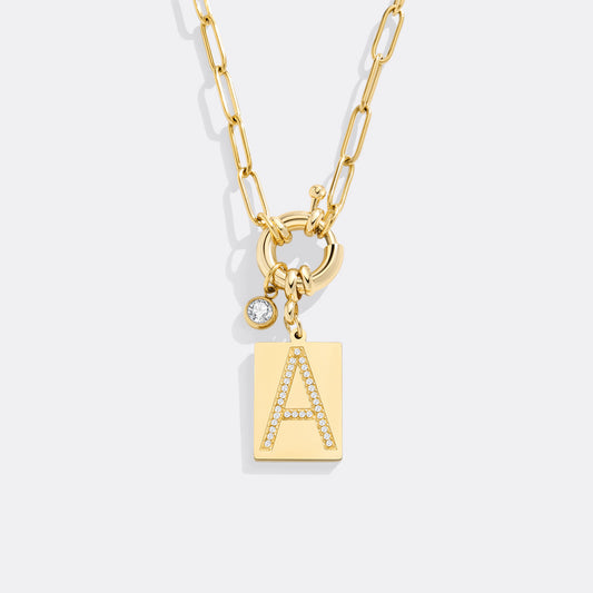 Personalized Paved Initial Pendant Necklace With Paperclip Chain
