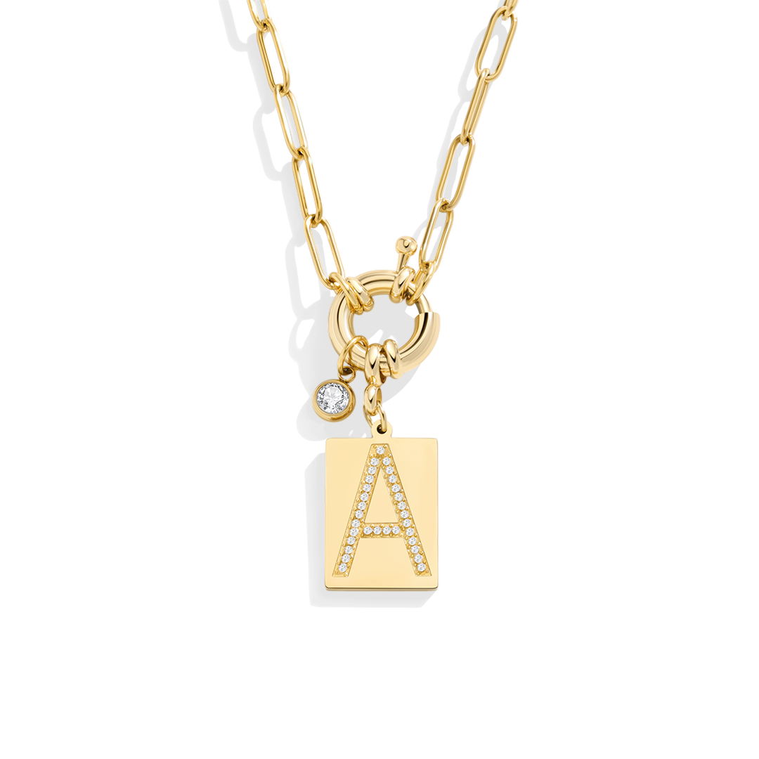 Personalized Paved Initial Pendant Necklace With Paperclip Chain