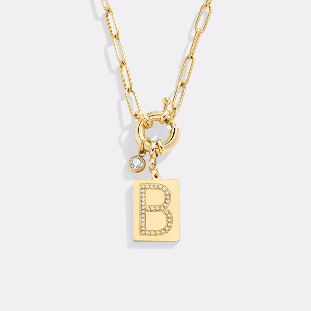 Personalized Paved Initial Pendant Necklace With Paperclip Chain