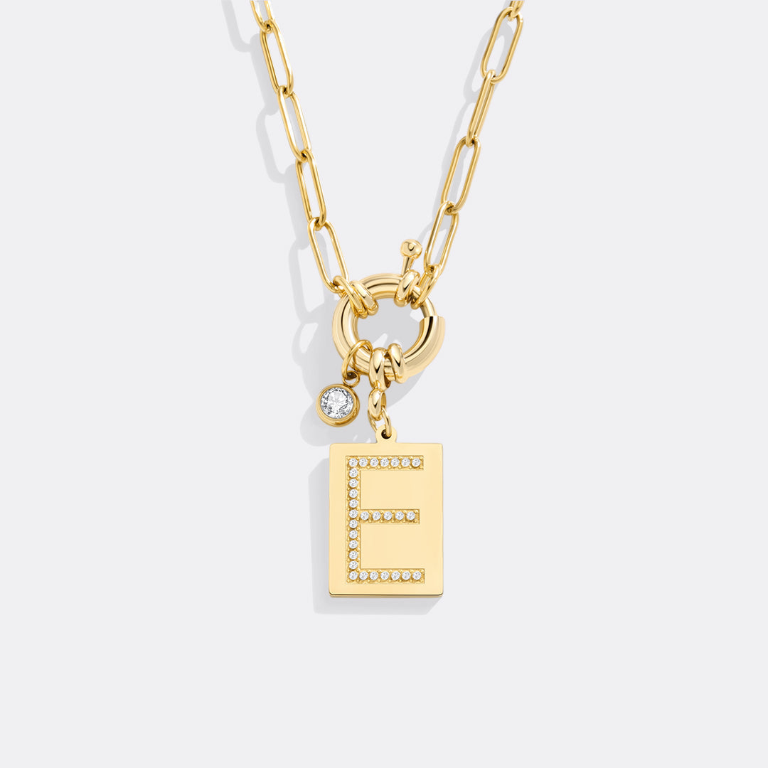 Personalized Paved Initial Pendant Necklace With Paperclip Chain