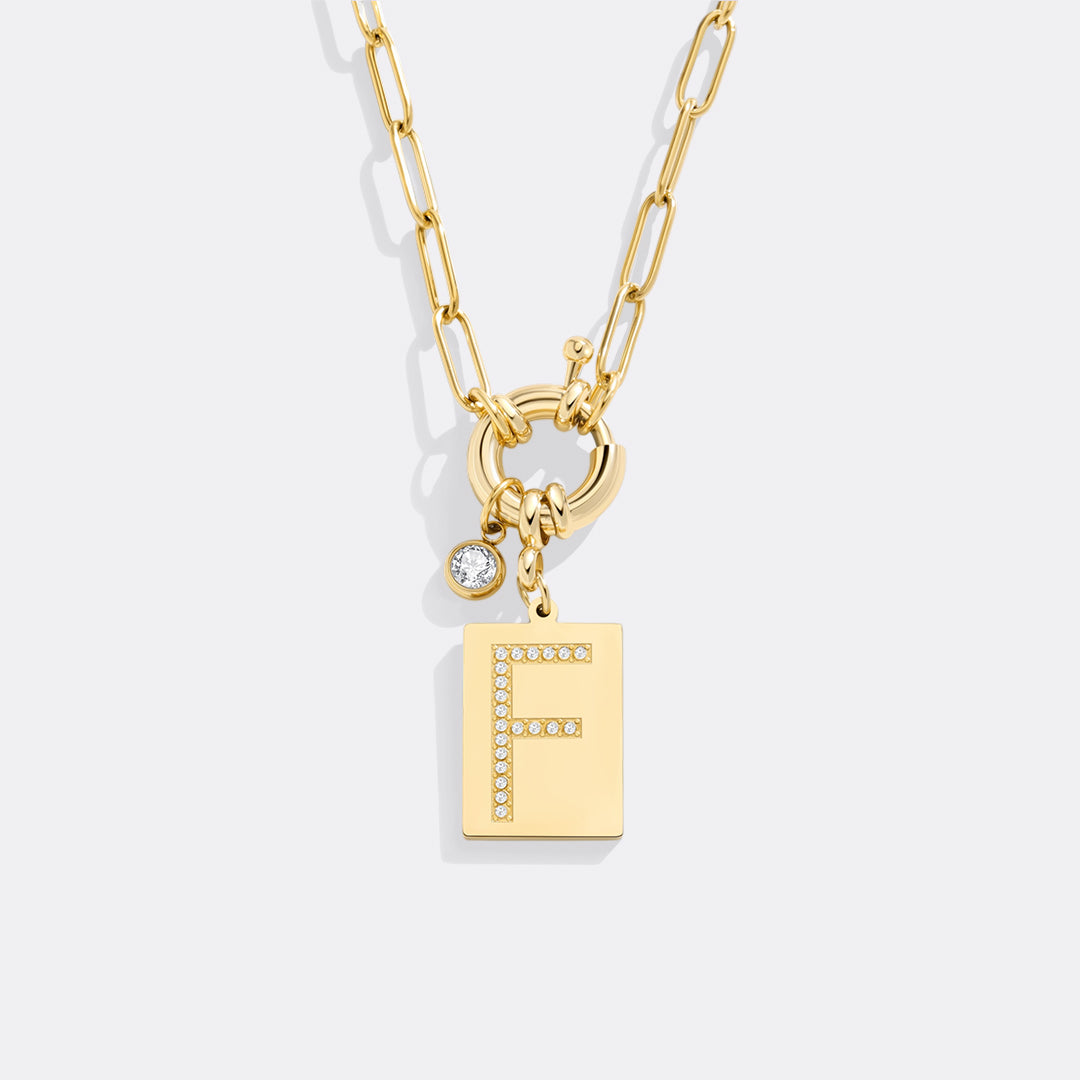 Personalized Paved Initial Pendant Necklace With Paperclip Chain