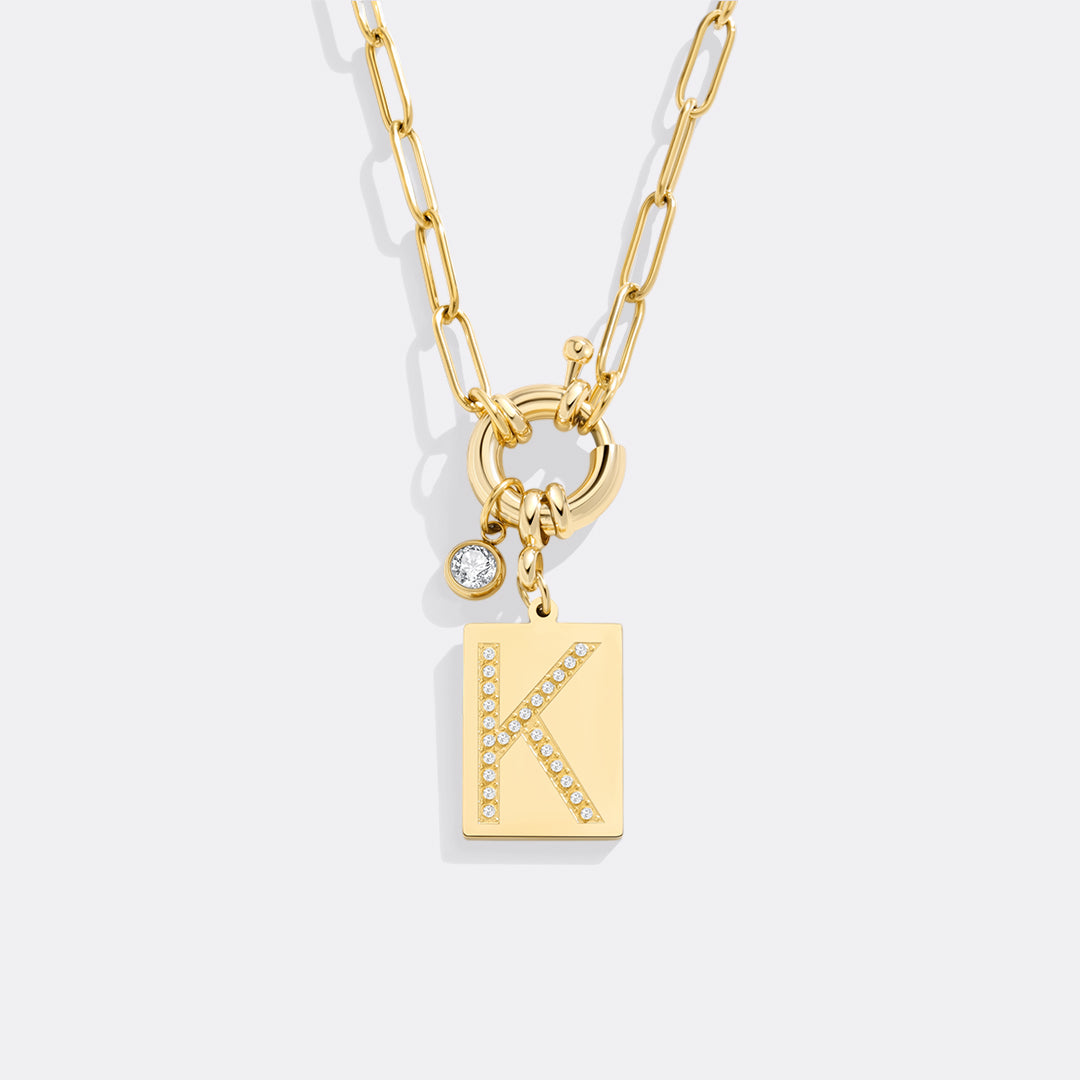 Personalized Paved Initial Pendant Necklace With Paperclip Chain