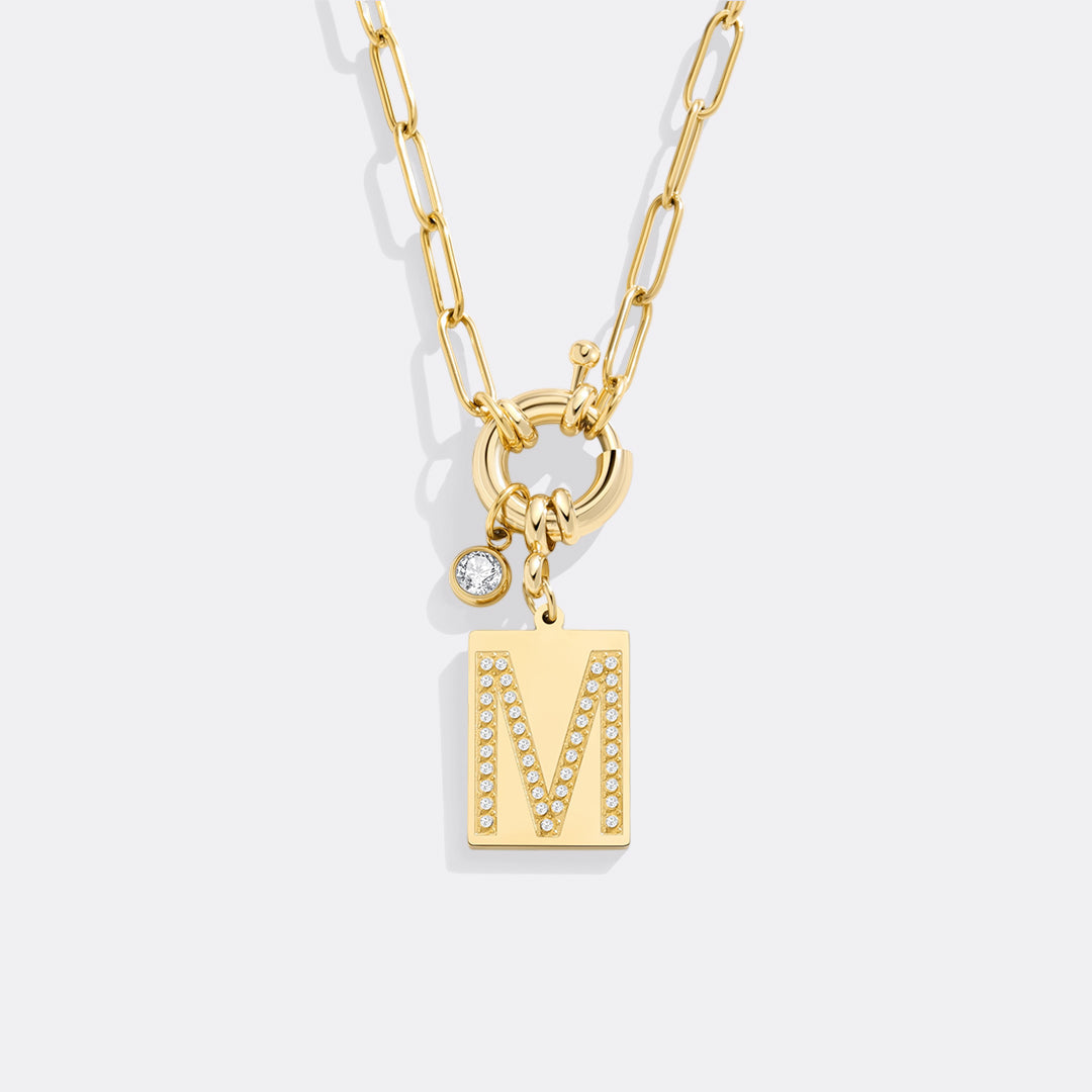 Personalized Paved Initial Pendant Necklace With Paperclip Chain