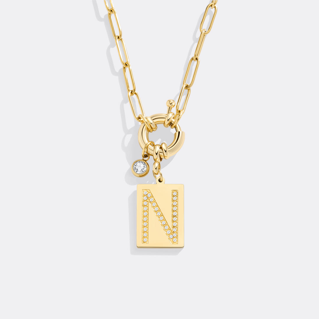 Personalized Paved Initial Pendant Necklace With Paperclip Chain