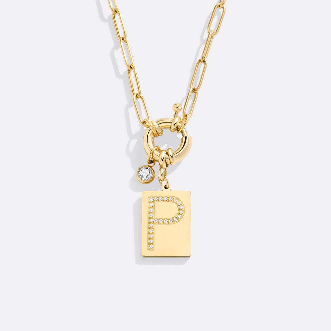 Personalized Paved Initial Pendant Necklace With Paperclip Chain