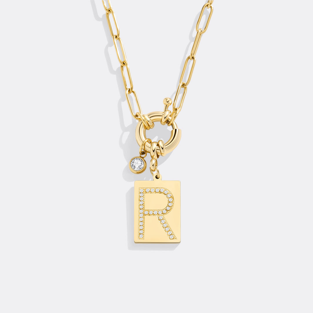 Personalized Paved Initial Pendant Necklace With Paperclip Chain