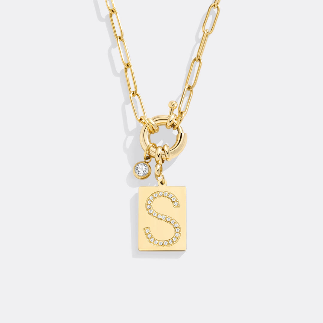 Personalized Paved Initial Pendant Necklace With Paperclip Chain