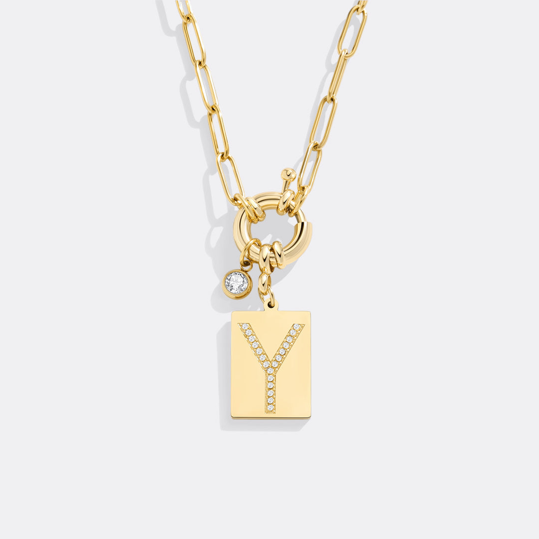 Personalized Paved Initial Pendant Necklace With Paperclip Chain