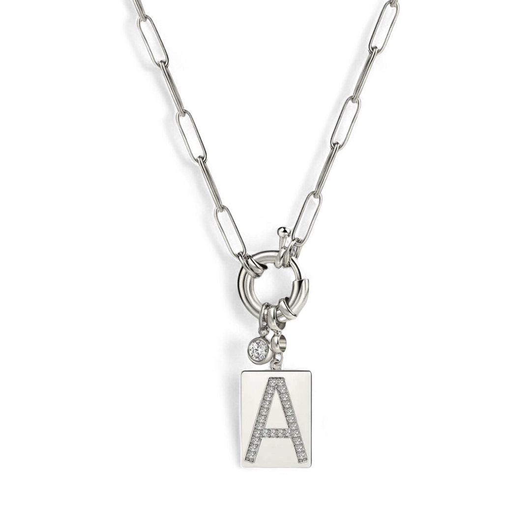 Personalized Paved Initial Pendant Necklace With Paperclip Chain