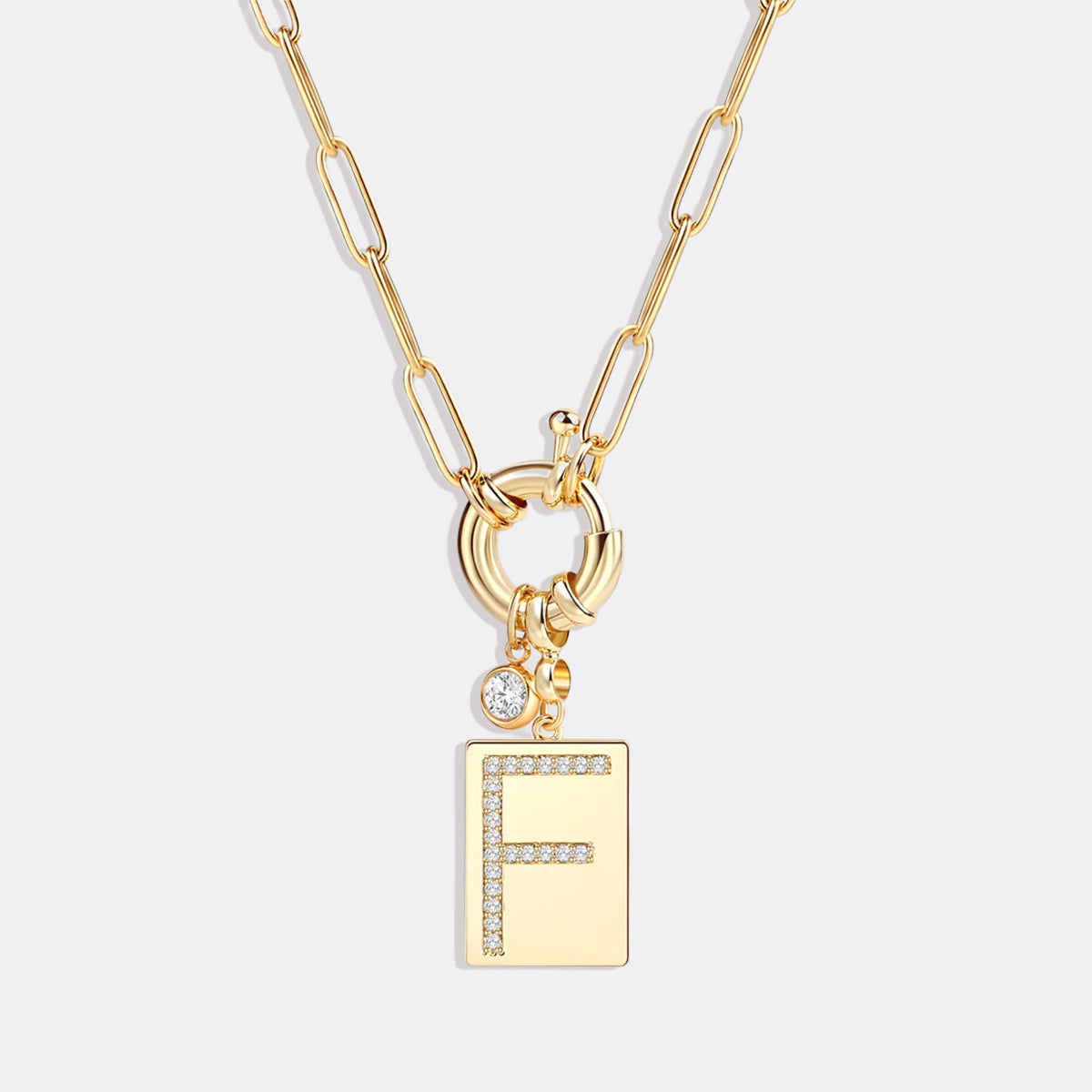 Personalized Paved Initial Pendant Necklace With Paperclip Chain