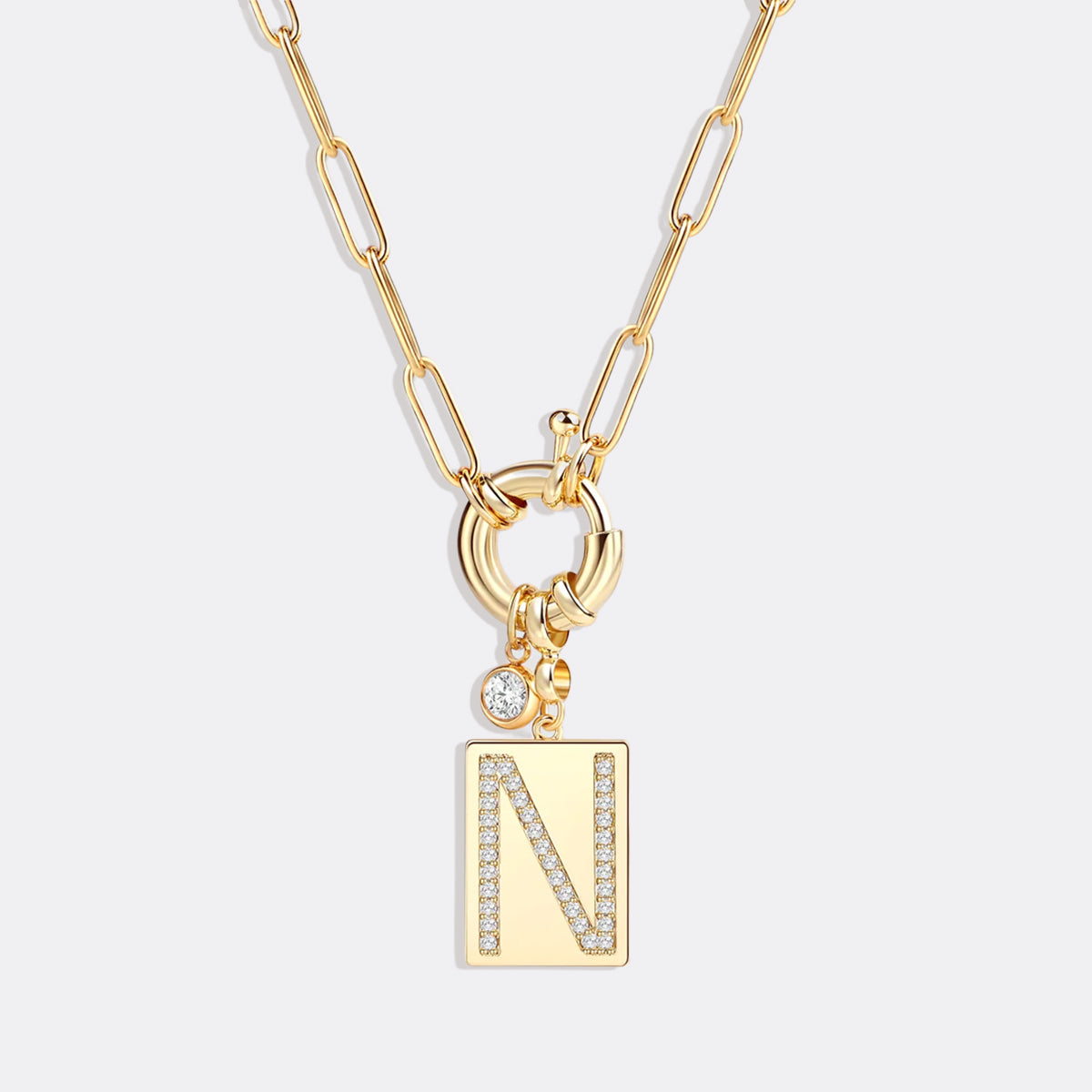 Personalized Paved Initial Pendant Necklace With Paperclip Chain